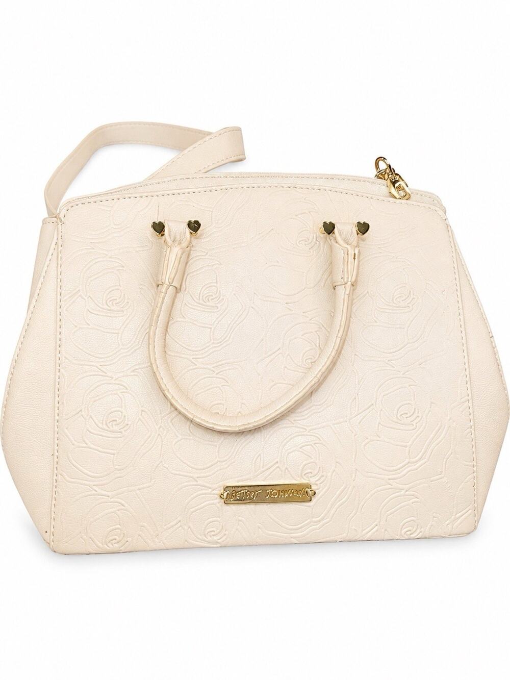 Betsey Johnson Ivory Floral Embossed Satchel Crossbody Purse Heart Bow Handbag